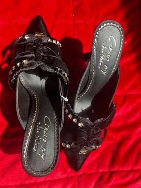 Circus by Sam Edelman Black Velvet Pointed-Toe Mule with Crystal Studs